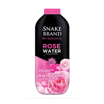 Snake brand cooling powder Rose Water 250g bottle front showing floral design and pink label