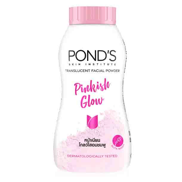 Pond's Pinkish Glow Powder 100g translucent facial powder packaging with pink label and flower design.