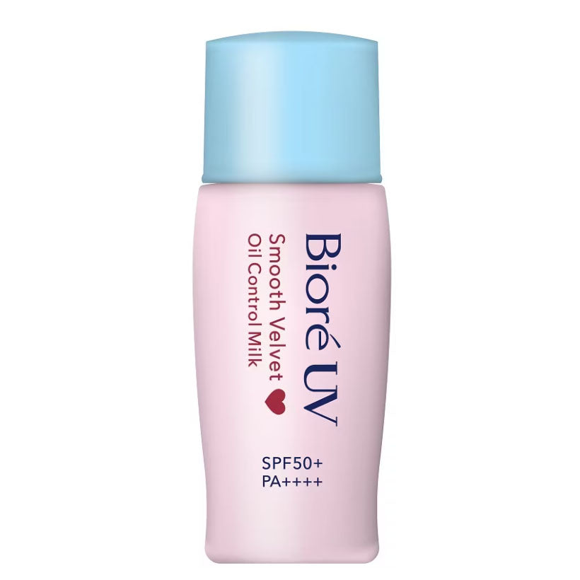 Biore UV Oil Control Milk Smooth Velvet SPF50+ PA++++ sunscreen bottle on a white background.