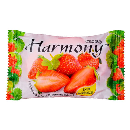 Front view of Harmony Fruity Soap Strawberry 75g bar with natural extract packaging