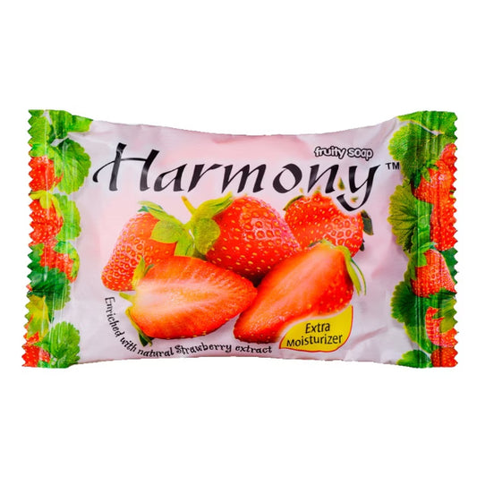 Front view of Harmony Fruity Soap Strawberry 75g bar with natural extract packaging