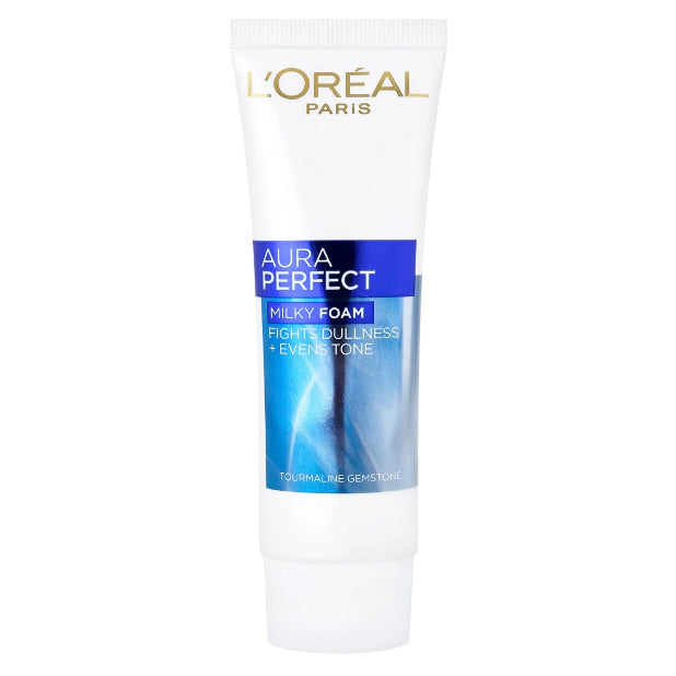 L'Oreal Aura Perfect Foam Facial Cleanser 50ml tube, fights dullness and evens tone, for radiant skin.