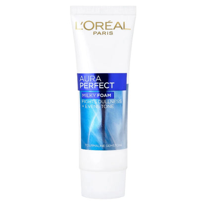 L'Oreal Aura Perfect Foam Facial Cleanser 50ml tube, fights dullness and evens tone, for radiant skin.