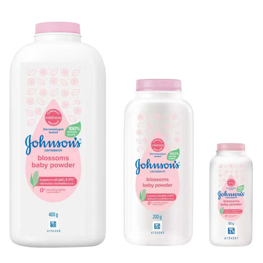 Johnsons Blossom Powder cornstarch baby powder bottles assorted sizes front view