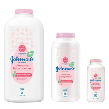 Johnsons Blossom Powder cornstarch baby powder bottles assorted sizes front view