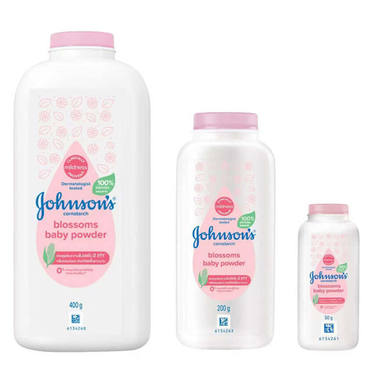 Johnsons Blossom Powder cornstarch baby powder bottles assorted sizes front view