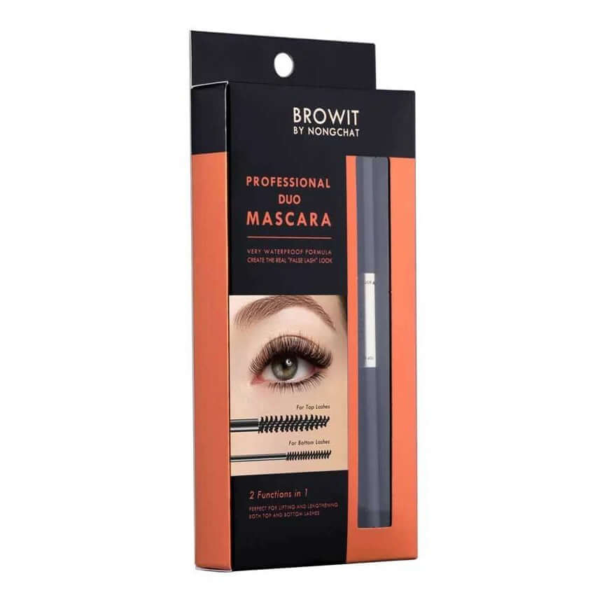 Front view of BROWIT Professional Duo Mascara product packaging box in an orange and black theme.