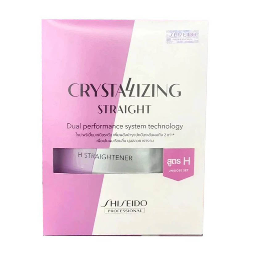 Shiseido Crystallizing Straight H1 Hair Straightening Set packaging showing dual performance system technology and description.