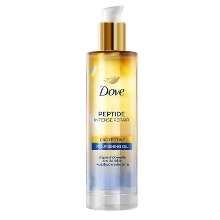 Dove Peptide Intense Repair Oil pump bottle with protective nourishing oil formula for shiny hair.