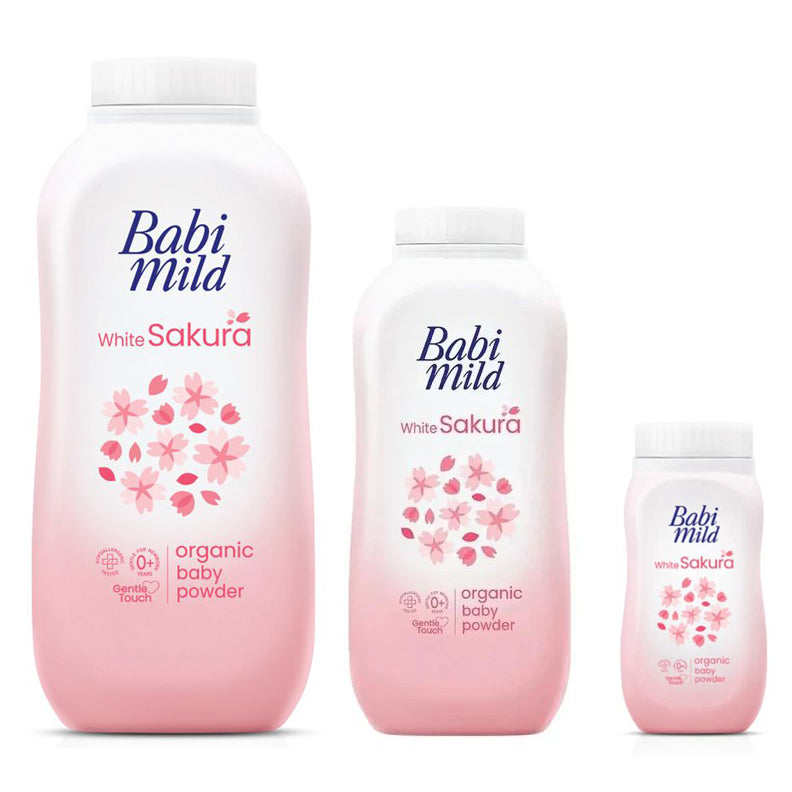 Babi Mild White Sakura Baby Powder organic baby powder with a gentle formula for newborns, featuring floral design.