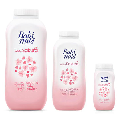 Babi Mild White Sakura Baby Powder organic baby powder with a gentle formula for newborns, featuring floral design.