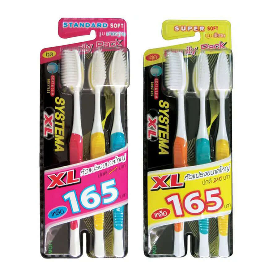 Systema XL Toothbrush standard soft and super soft bristles family pack with colorful handles.