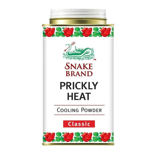 Snake brand prickly heat powder Classic 140g tin front view showing the original Thai cooling body powder packaging