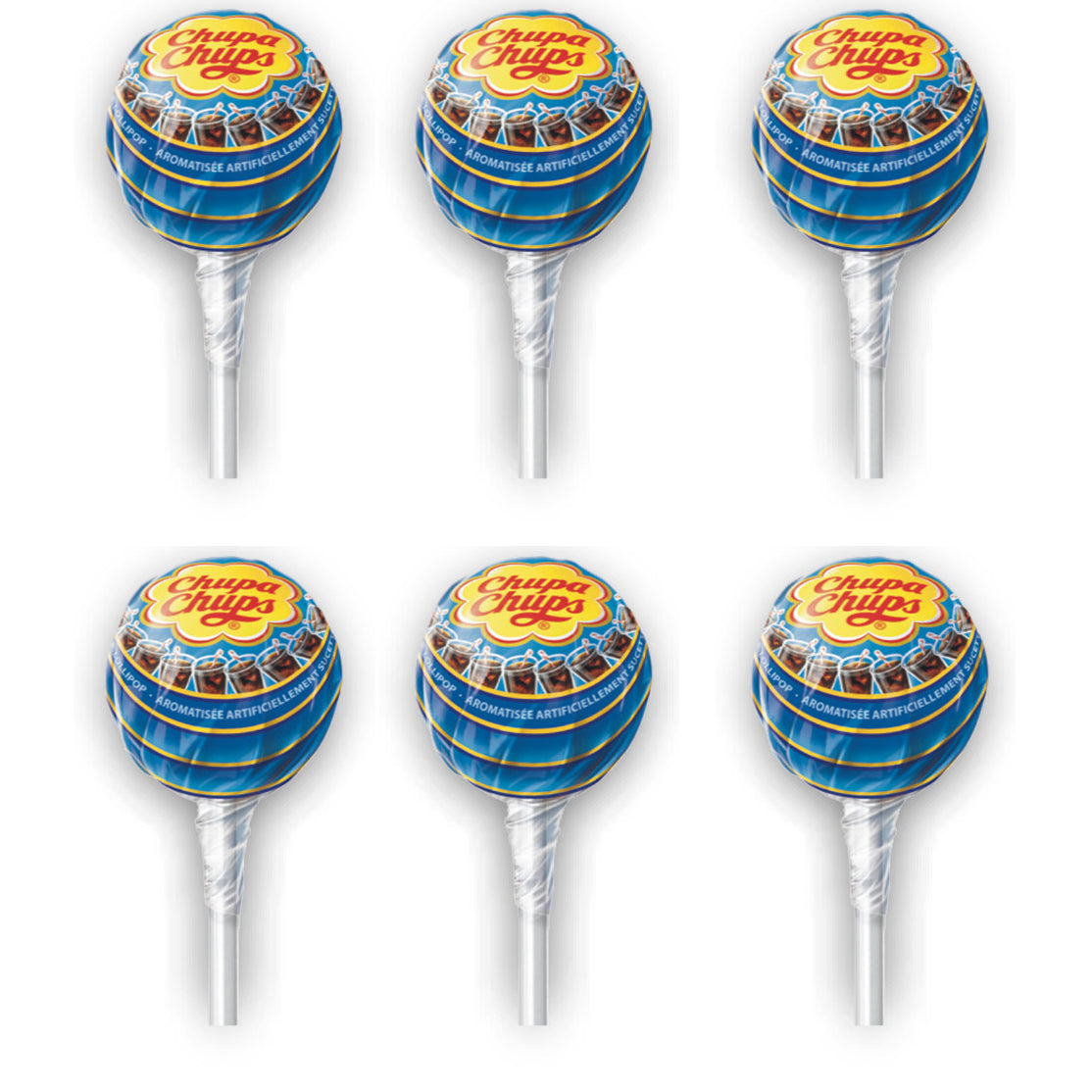 Six Chupa Chups Cola flavor lollipops individually wrapped