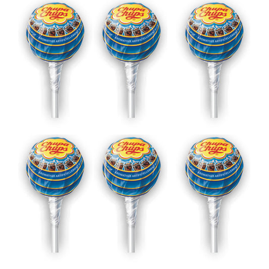 Six Chupa Chups Cola flavor lollipops individually wrapped