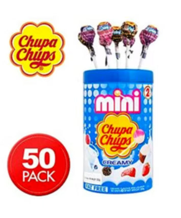 Mini Chupa Chups Lollipops 50 Pack 300g product display with 50 lollipop label