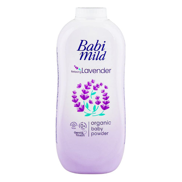 Babi Mild Baby Powder Relaxing Lavender 350g Organic Ultra Mild Front Bottle