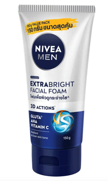 Nivea Men Extra Bright Foam face wash angled view highlighting 10X brightening effect and anti-dullness formula.