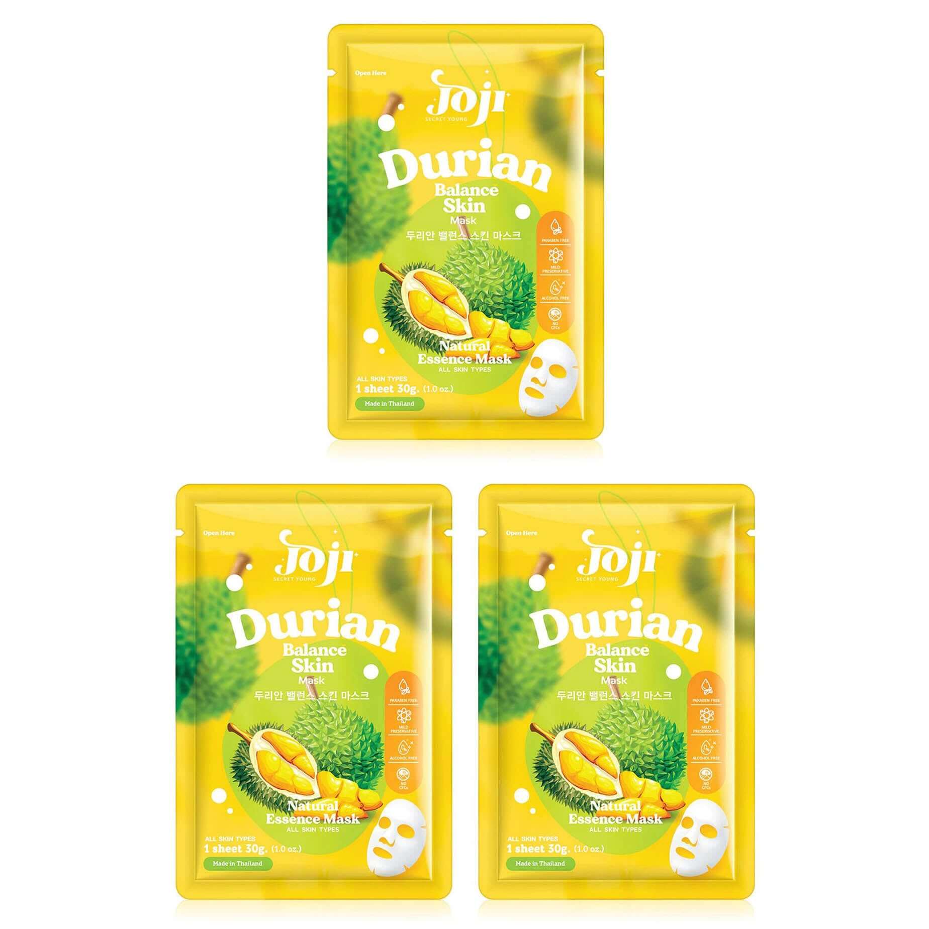 JOJI Secret Young Durian Mask 3 x 30g yellow sheet mask sachets front view