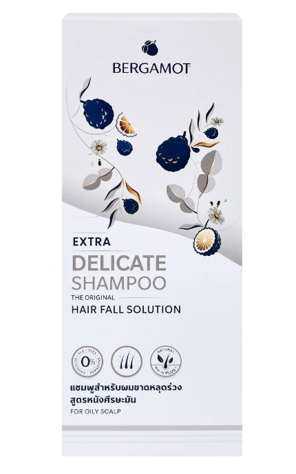 Bergamot Delicate Shampoo rear view showing full packaging information and herbal extract icons.