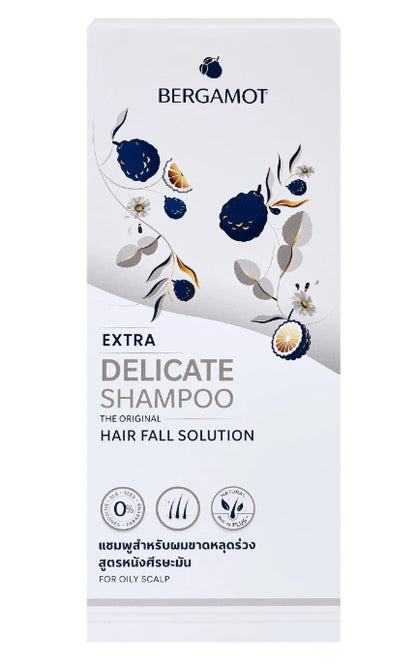 Bergamot Delicate Shampoo rear view showing full packaging information and herbal extract icons.