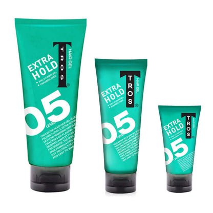 Three different sizes of TROS Extra Hold Hair Gel level 5 tubes standing in a row against a white background