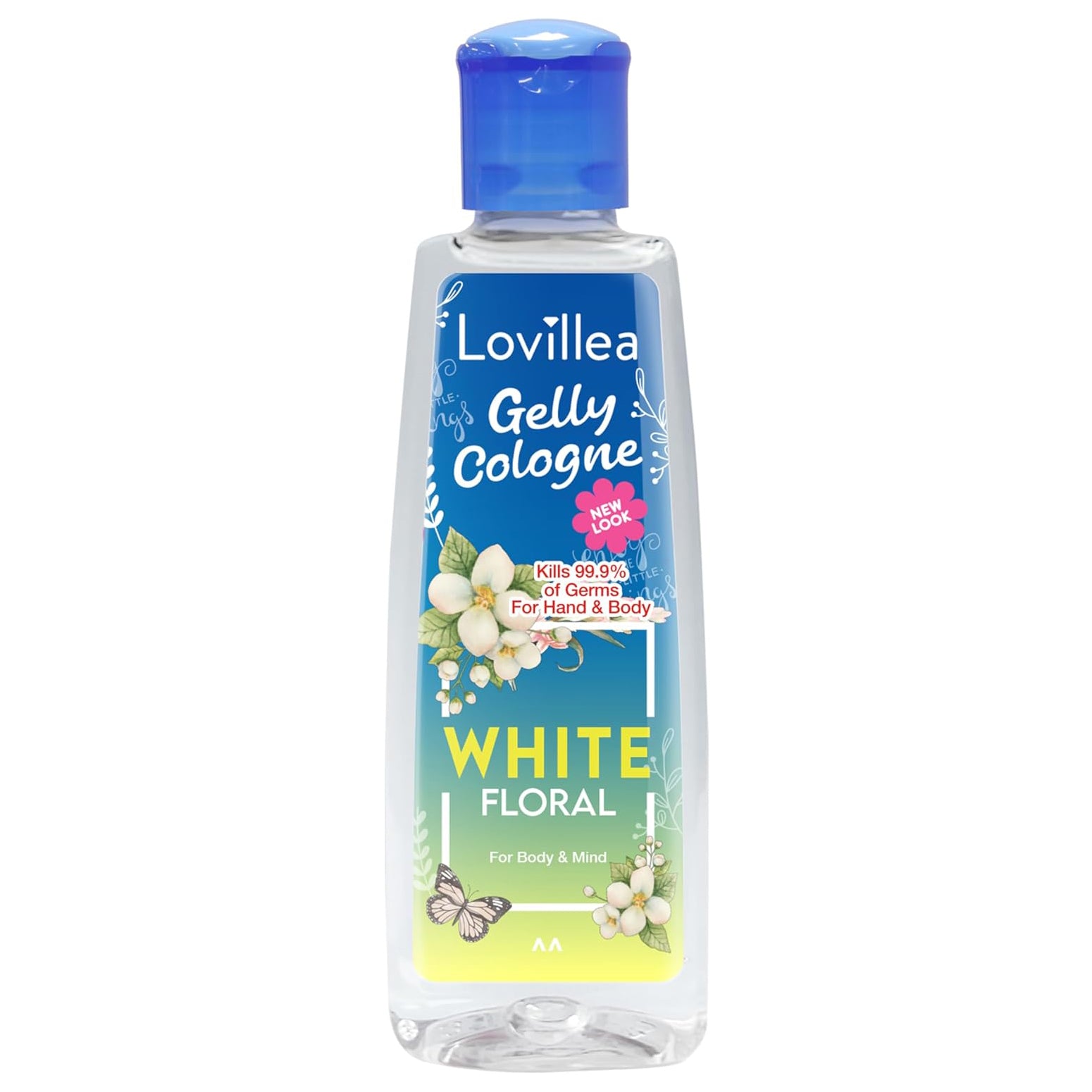 Lovillea White Floral Cologne Gelly 100ml front view showing floral label and blue cap design