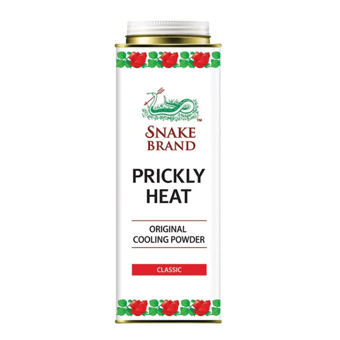 Snake brand prickly heat powder Classic 280g front view showing iconic white tin with green and red design, menthol cooling formula.