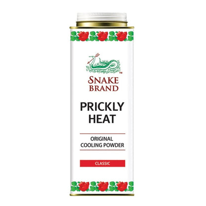 Snake brand prickly heat powder Classic 280g front view showing iconic white tin with green and red design, menthol cooling formula.
