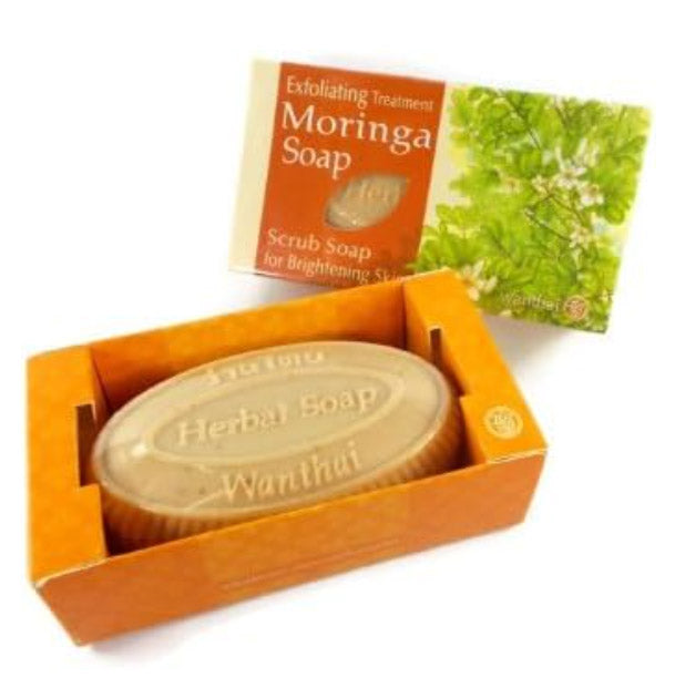 Wanthai Moringa Soap in a box, featuring herbal scrub for exfoliating skin and brightening effects.