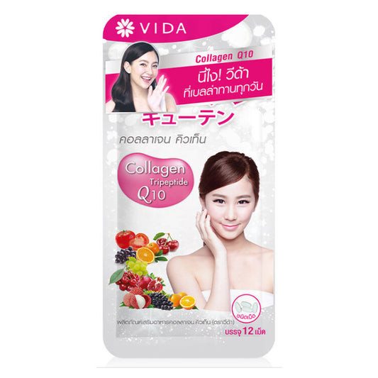 Vida Collagen Q10 front packaging showing woman and fruit ingredients