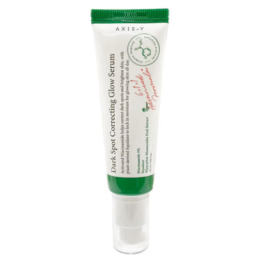 AXIS-Y Dark Spot Correcting Glow Serum 50ml in a green tube for even skin tone and hydration.