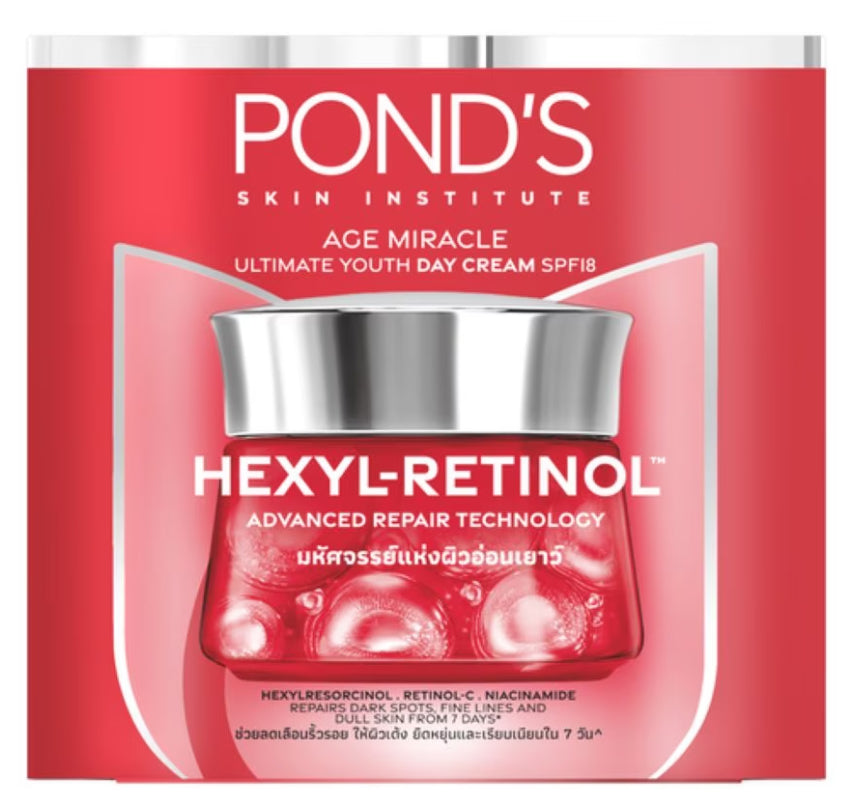 Pond's Age Miracle Hexyl-Retinol day cream front view showing SPF18 and Hexyl-Retinol formula