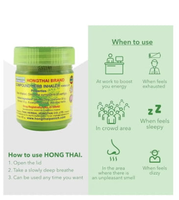 Hong Thai Herbal Balm jar with infographic icons showing uses for nasal congestion, dizziness, headaches, and insect bites.