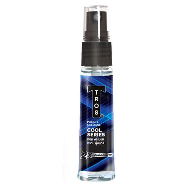 Tros Cool Pocket Cologne blue spray bottle front view