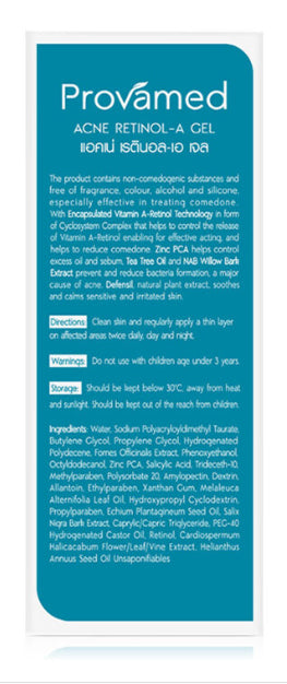 Provamed Retinol-A Acne Gel packaging back label with product details