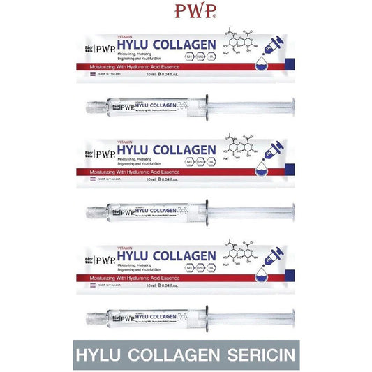 PWP Hylu Collagen Serum product display showing whitening anti aging formula details on packaging