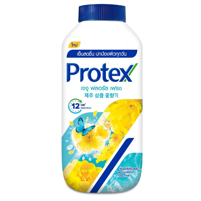 Protex Jeju Floral Fresh Cooling Powder front packaging with floral design and blue cap