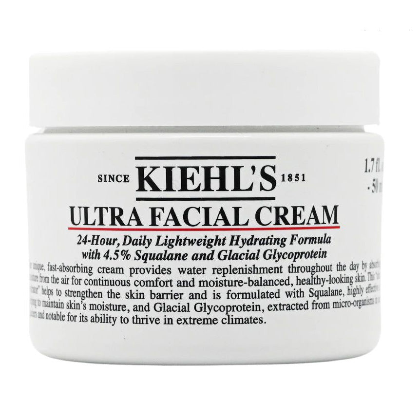 Kiehl's Ultra Facial Cream front label close-up showing product jar and formula details
