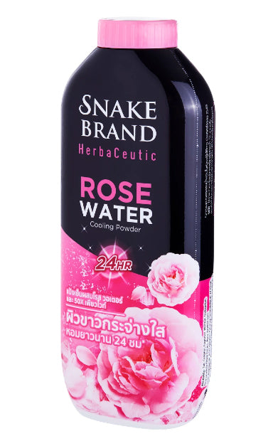 Snake brand cooling powder Rose Water 250g front bottle showing pink floral design and elegant label