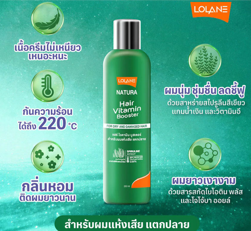 Lolane Hair Vitamin Natura Booster promotional image with benefits for dry damaged hair