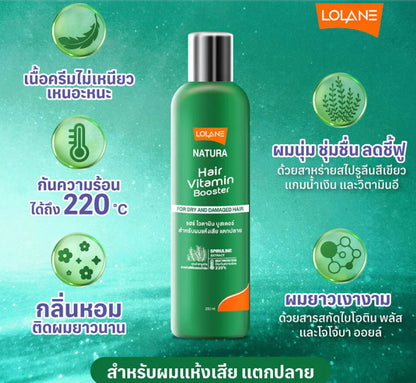 Lolane Hair Vitamin Natura Booster promotional image with benefits for dry damaged hair