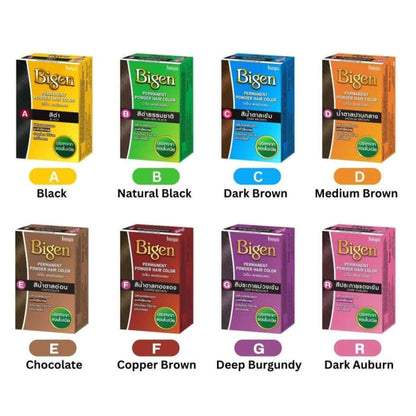 Various shades of Bigen Powder Hair Color, including Black, Natural Black, Dark Brown, Medium Brown, Chocolate, Copper Brown, Deep Burgundy, and Dark Auburn.