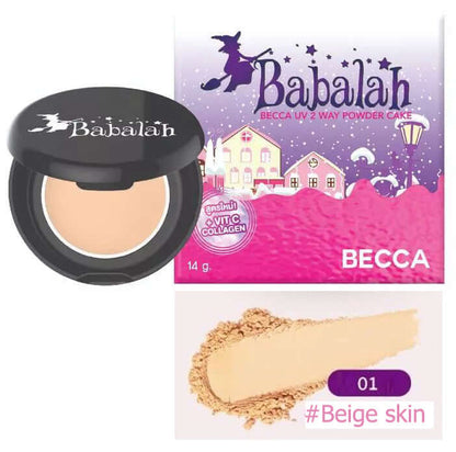 Babalah Becca Powder Cake UV 2 Way Pressed Powder Formula SPF20 PA++ with beige swatch on white background.