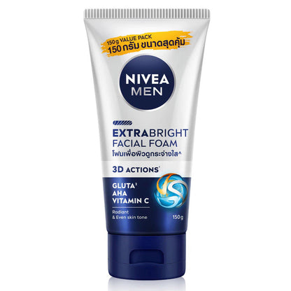Nivea Men Extra Bright Foam 150g facial cleanser front view showing Extra White label and Vitamin Power technology.