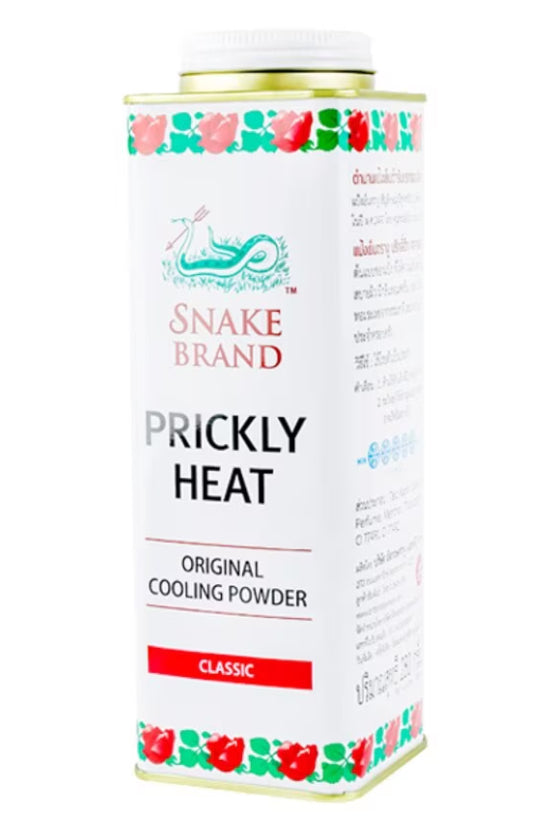 Snake brand prickly heat powder Classic 280g side view displaying product information and herbal cooling details