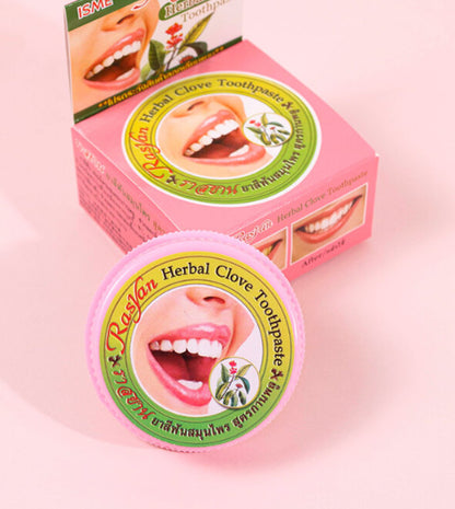 Rasyan ISME Herbal Clove Toothpaste 25g two tins with open and closed view