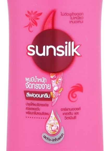 Sunsilk Leave On Treatment back label with keratin yoghurt formula and usage directions in pink bottle