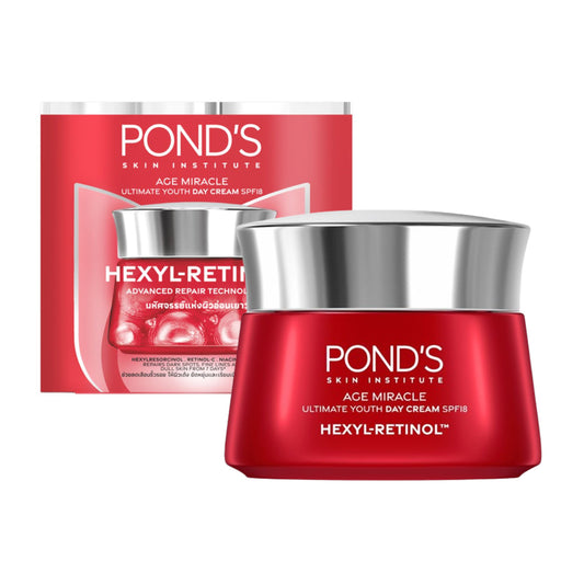 Pond's Age Miracle Hexyl-Retinol Ultimate Youth Day Cream SPF18 product jar with packaging