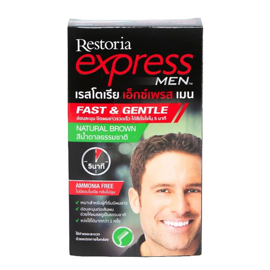 Front view of Restoria Express Men Hair Color Natural Brown box packaging